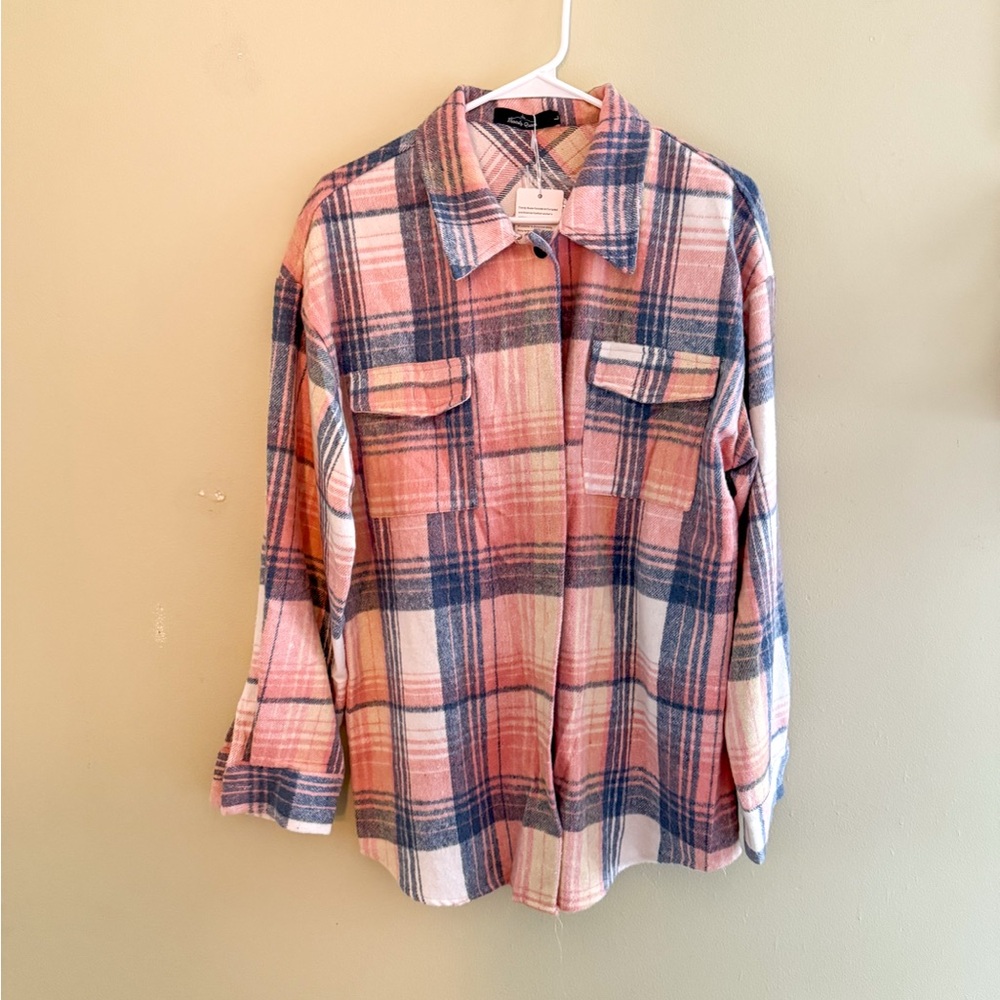 Pink and Blue Plaid Button-Up Shirt